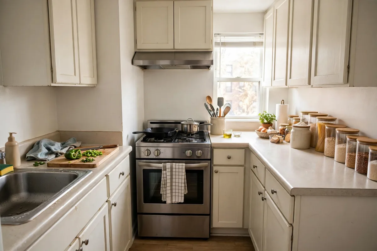 Small kitchen with prep, cook, and store zones arranged by task