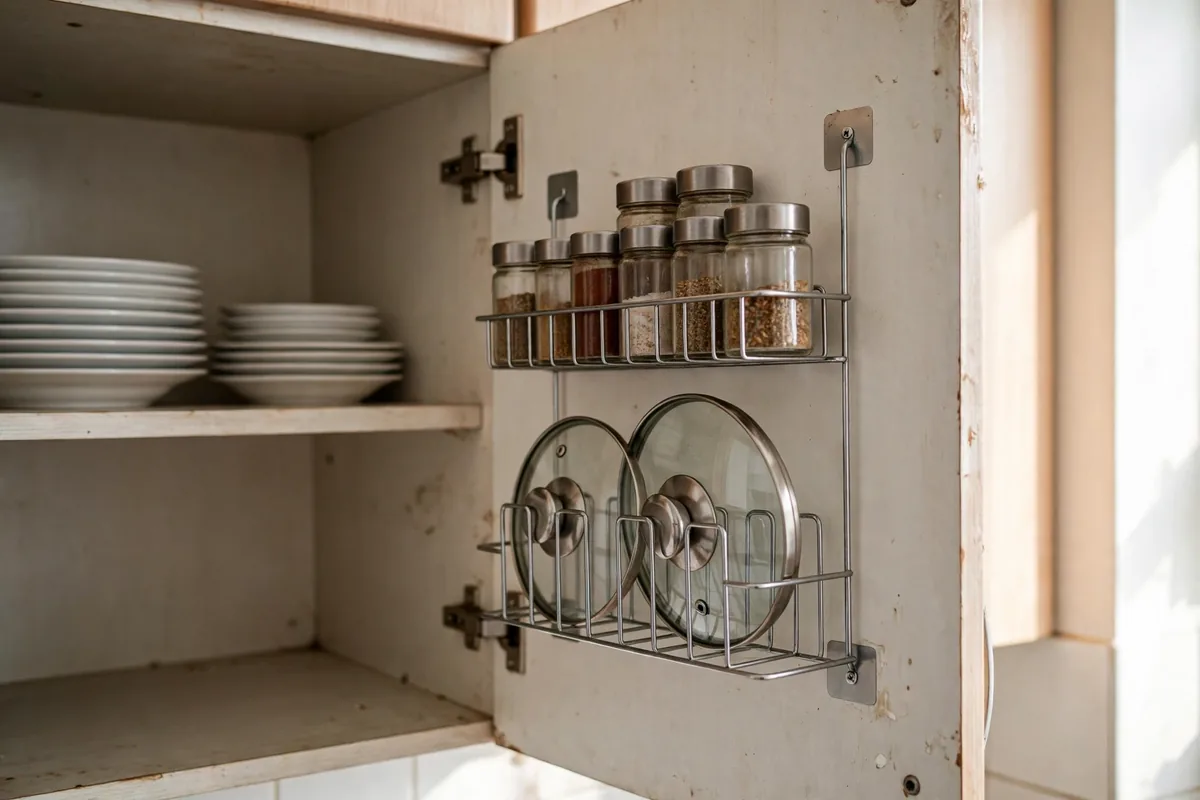Adhesive-mounted wire rack inside a cabinet door holding spice jars and pot lids