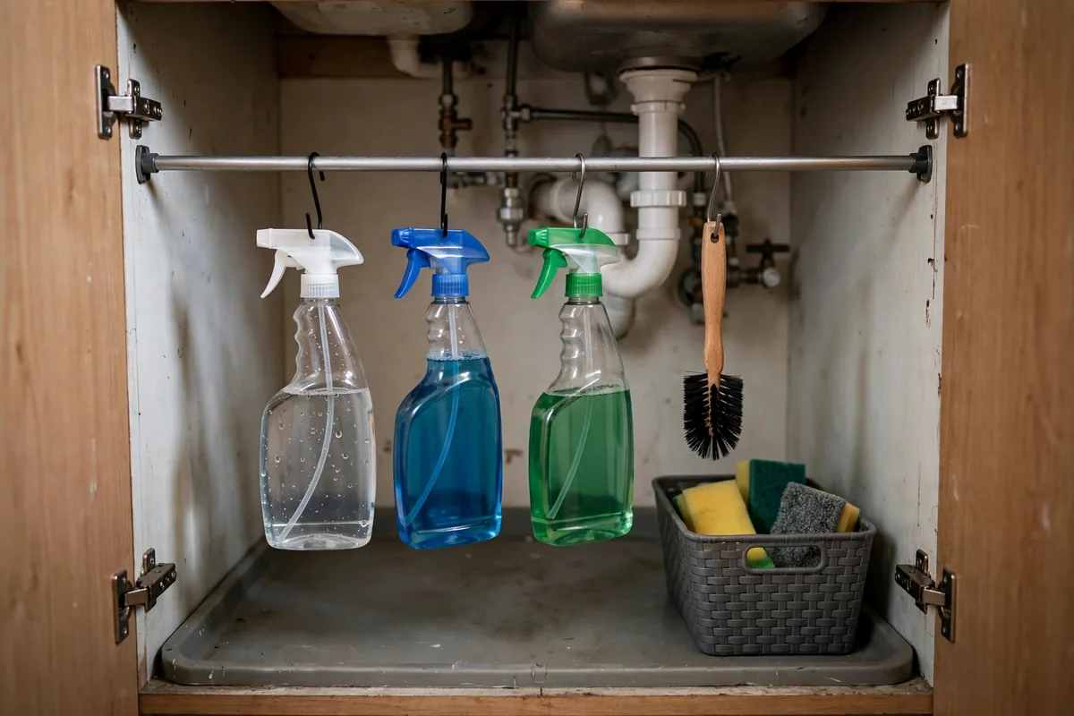 Spray bottles and a brush hanging from a tension rod under the kitchen sink