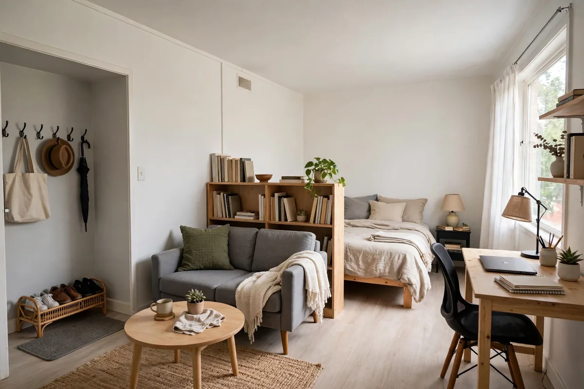 Studio apartment divided into entryway, living, sleep, and work zones