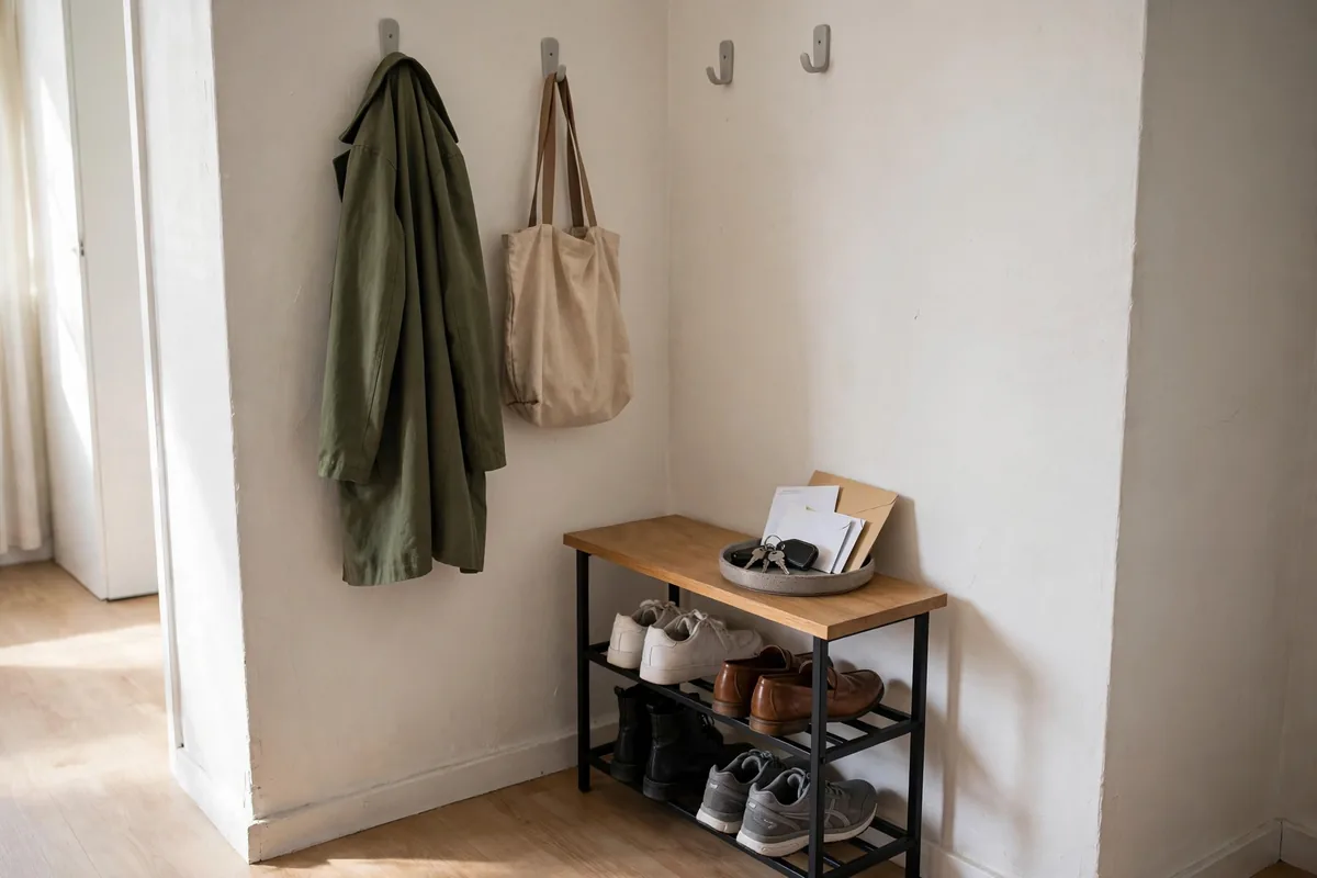 Entryway landing strip with hooks, a tray for keys, and a shoe rack