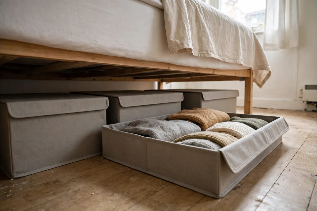 Flat fabric storage bins with folded clothes sliding under a bed