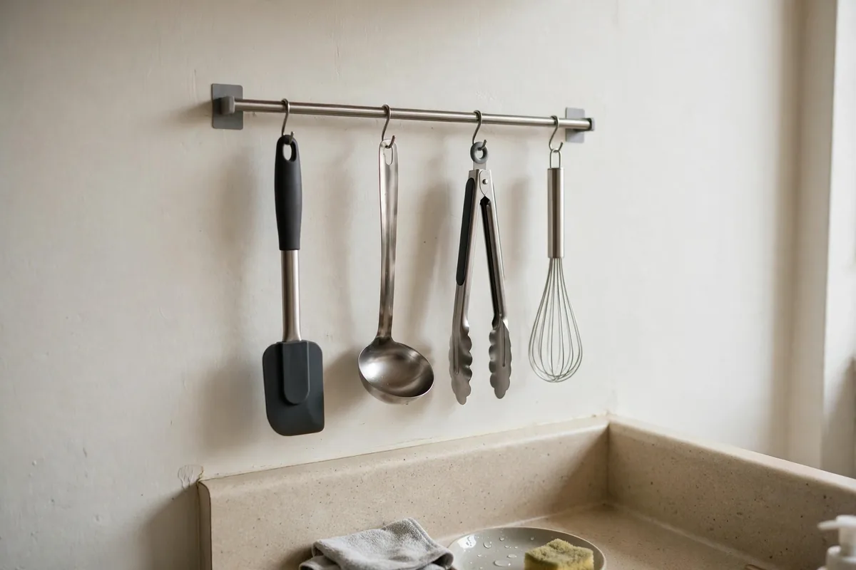 Cooking utensils hanging on an adhesive-mounted rail in a kitchen