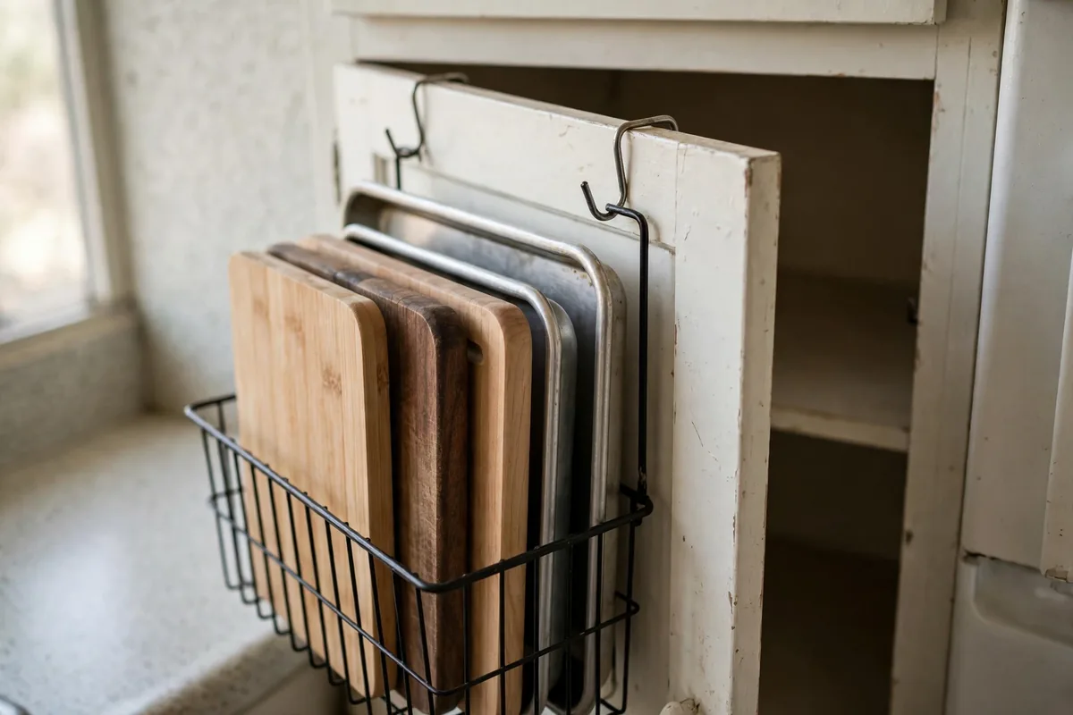 Wire organizer hung over a cabinet door holding cutting boards