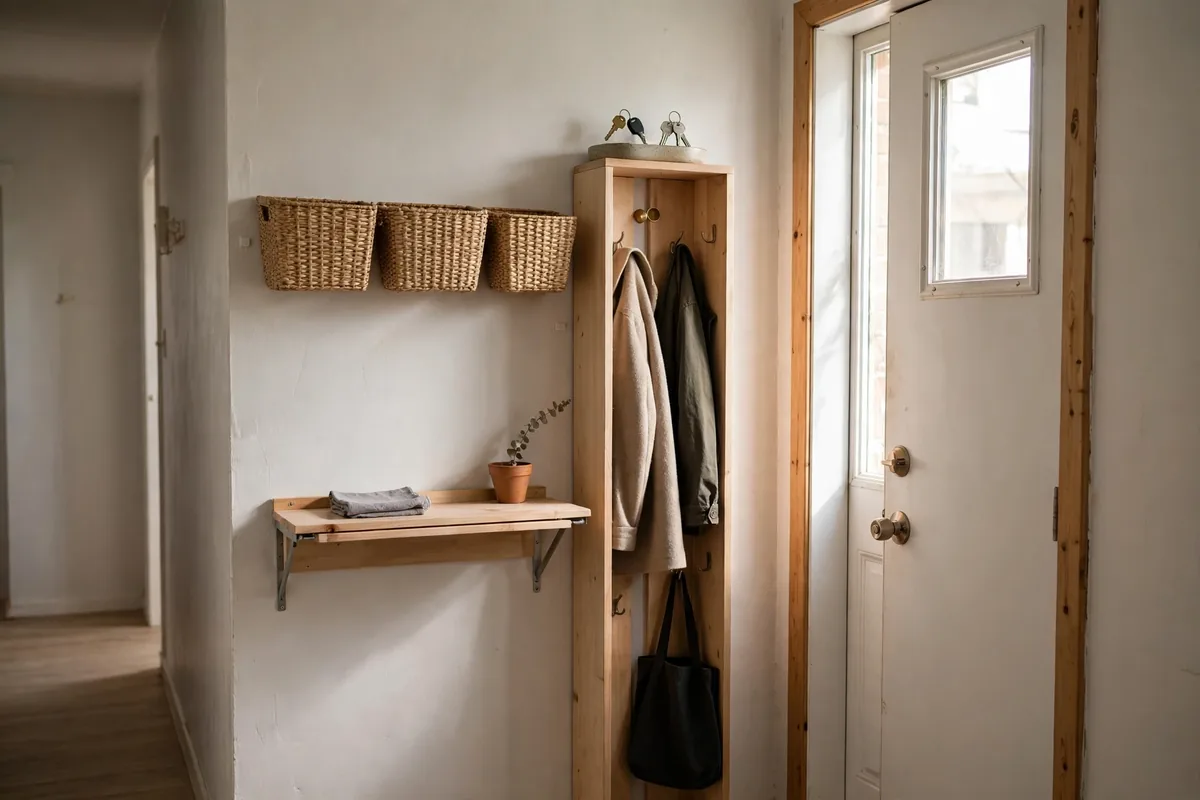Entryway with wall baskets, a folding shelf, and a coat organizer