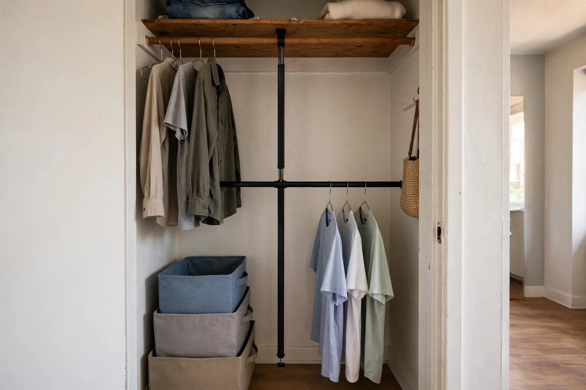Closet with a tension rod creating a second row for hanging clothes