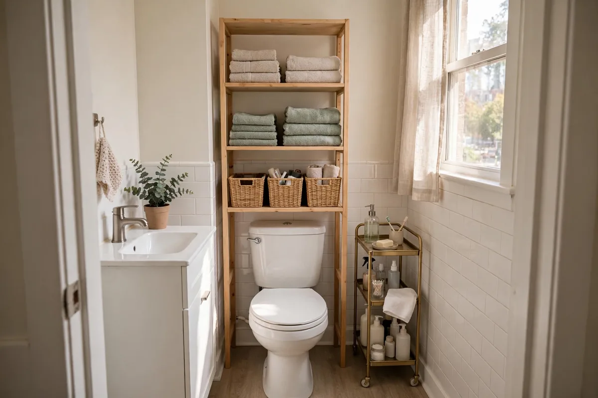Bathroom with an over-toilet shelf and a slim rolling cart