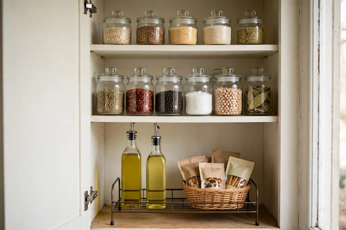 One kitchen cabinet divided into three pantry zones with containers and jars