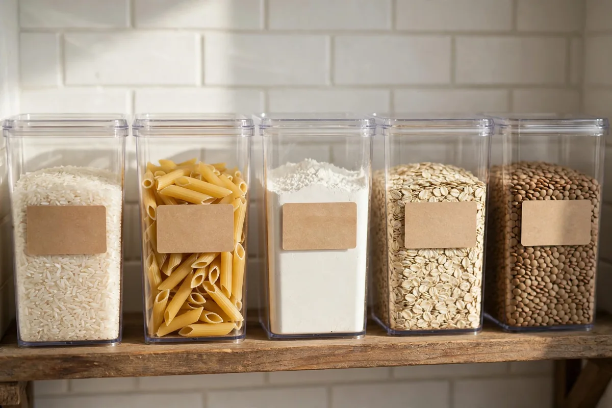 Five clear containers of decanted dry goods with blank labels on a shelf