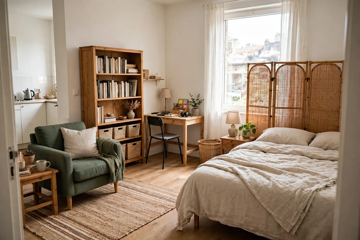 Studio apartment with living, work, and sleep zones defined by furniture