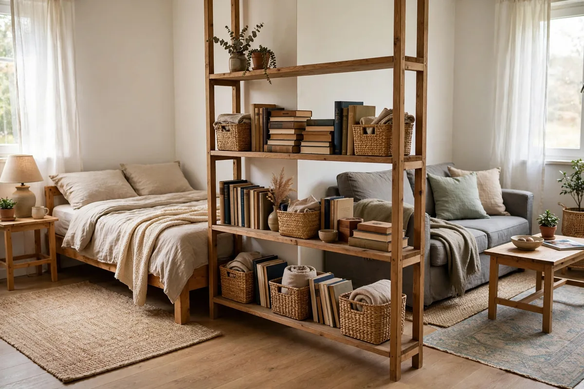 Bookcase used as a room divider between a bed and a living area