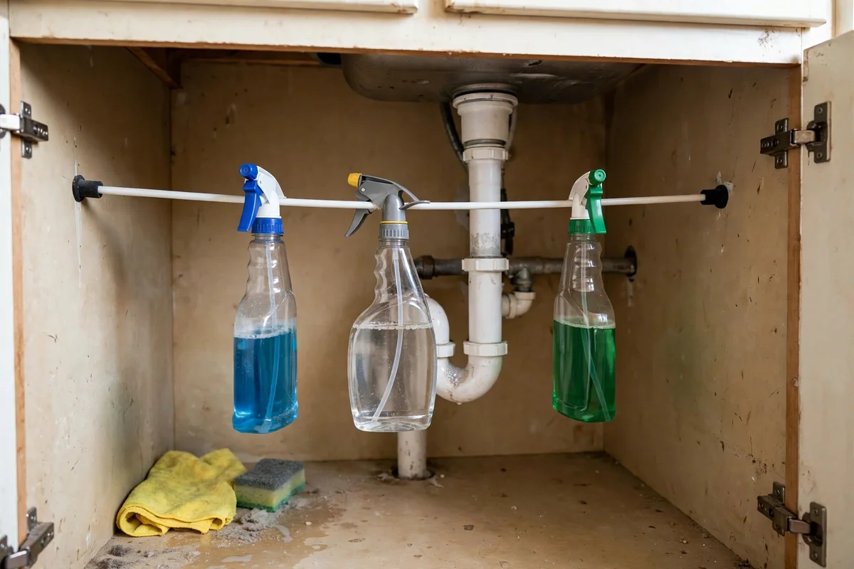 Tension rod installed inside an under-sink kitchen cabinet with spray bottles hanging from it
