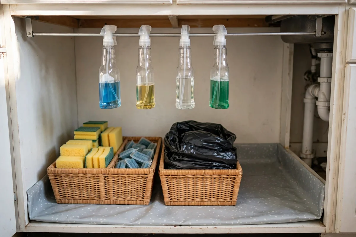 Organized under-sink cabinet with a tension rod holding spray bottles above labeled storage bins