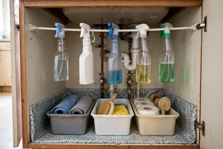 Organized under-sink kitchen cabinet with a tension rod holding spray bottles above storage bins