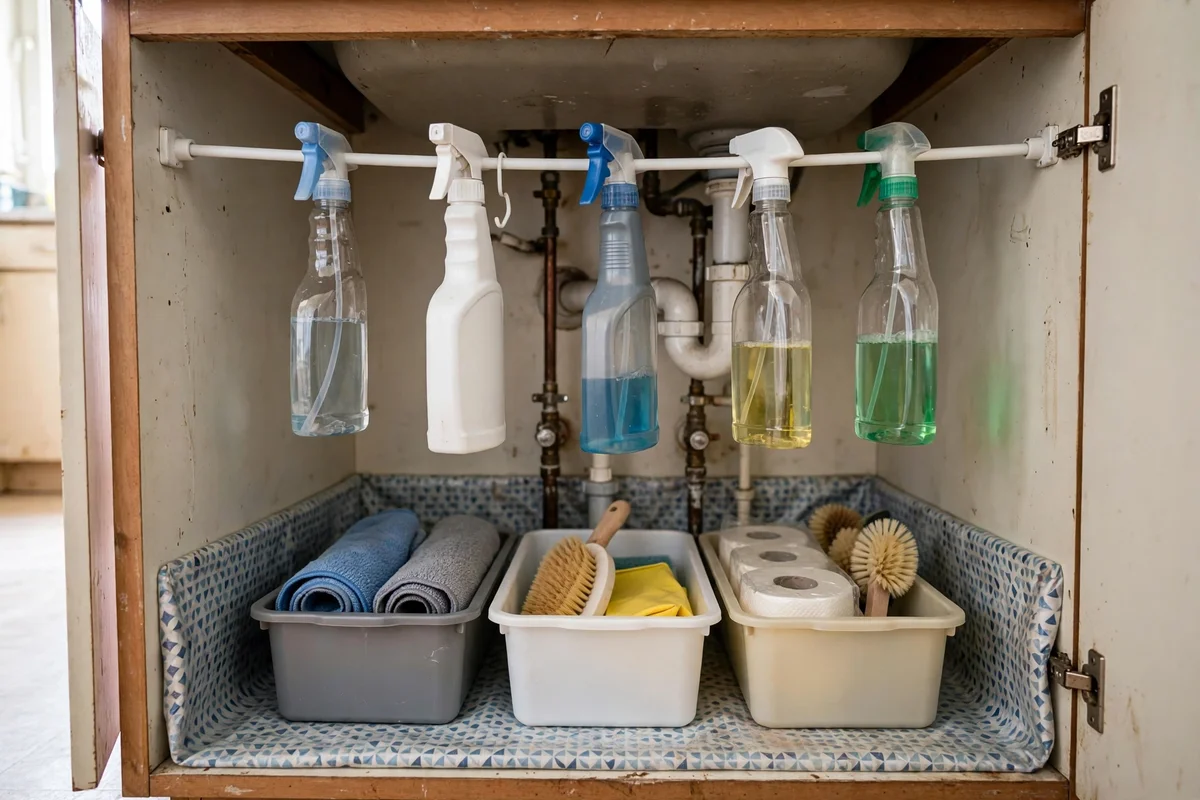 Organized under-sink kitchen cabinet with a tension rod holding spray bottles above storage bins