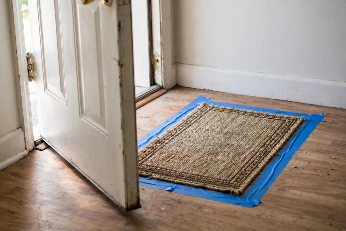 Painter's tape marking a rug footprint beside a front door to check door swing clearance.