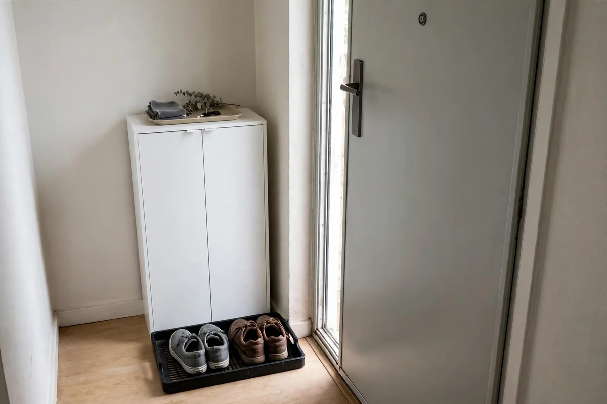 A shoe tray and slim closed shoe cabinet arranged beside an apartment front door.