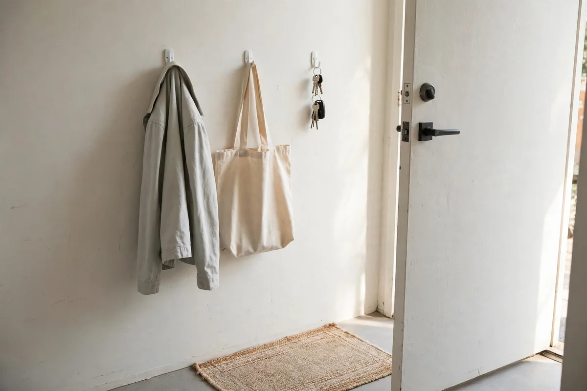 Adhesive wall hooks holding a jacket, tote bag, and keys beside an apartment front door.
