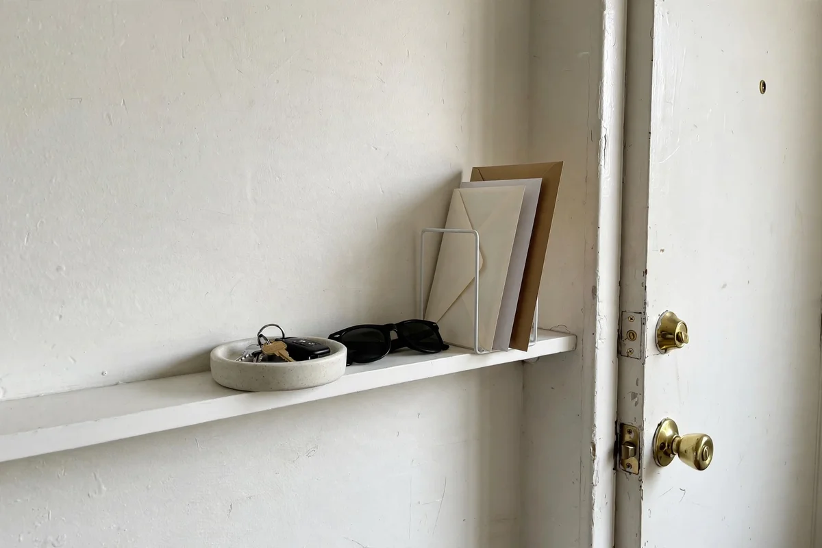 A narrow wall shelf with a catchall dish for keys and an upright mail sorter beside an apartment door.