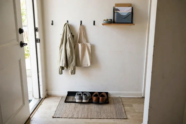 A defined entryway landing zone beside an apartment front door with a shoe tray, wall hooks, a narrow shelf, and a small rug