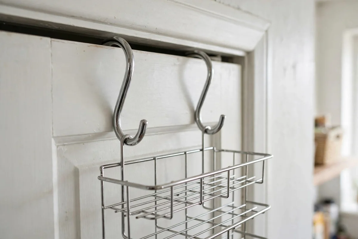 Close-up of metal hooks fitting over the top of a pantry door, showing the no-drill mounting of an over-door rack