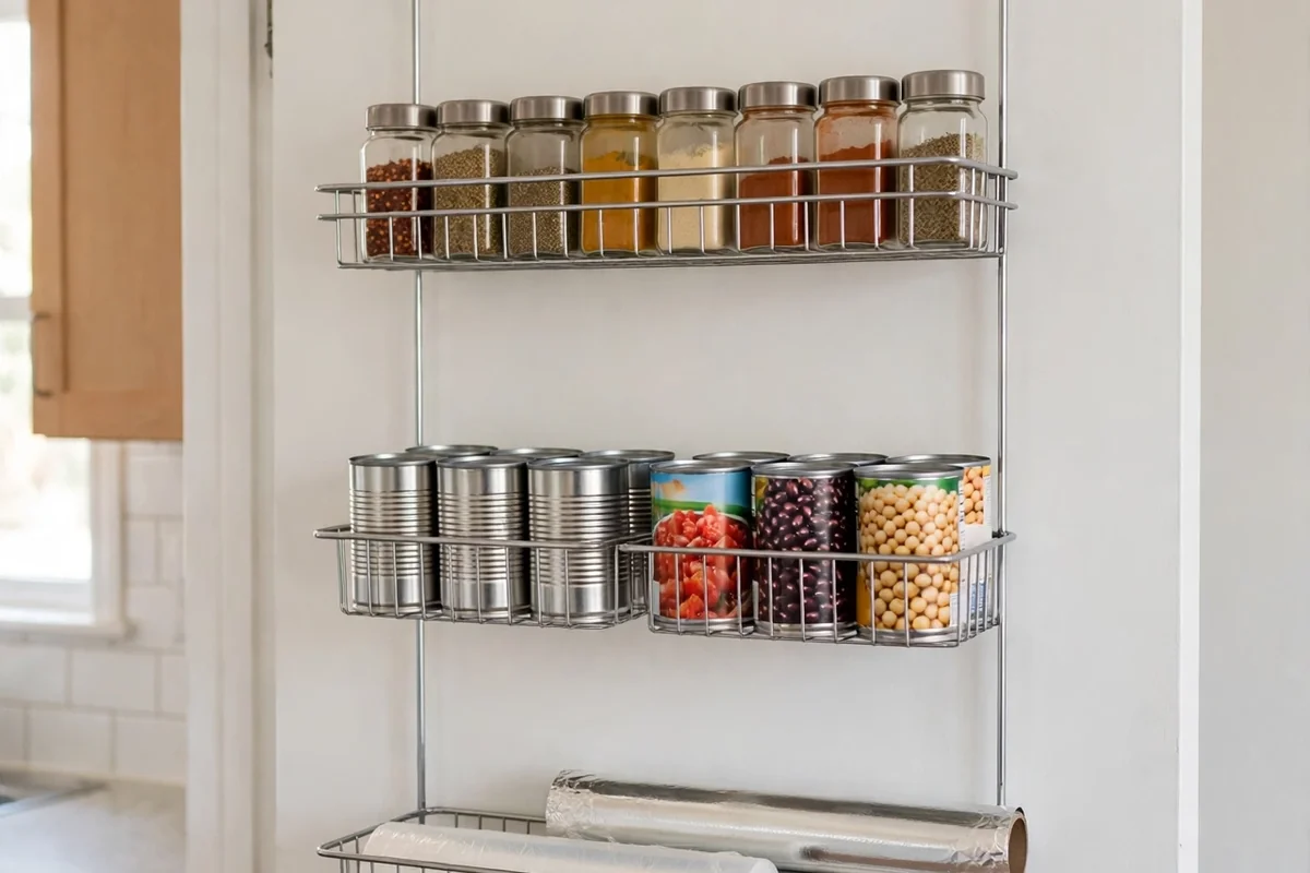 Over-door pantry rack showing tier-by-tier storage: spices on the top shelf, canned goods in the middle, and wraps and foil at the bottom