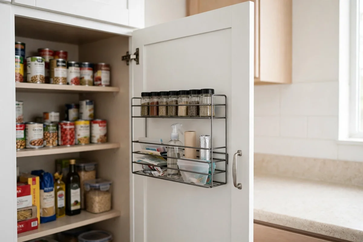 Pantry door with a slim organizer rack on the inside, shown closing properly with its thin low profile