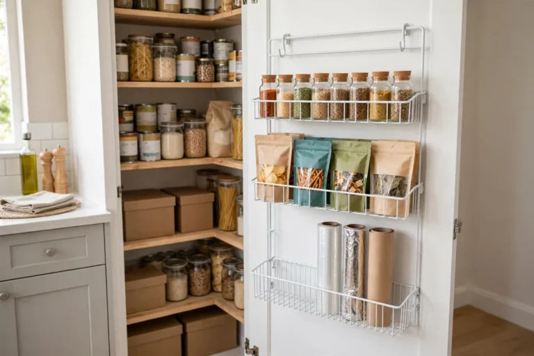Over-door pantry organizer rack filled with spices, cans, and jars mounted on a pantry door