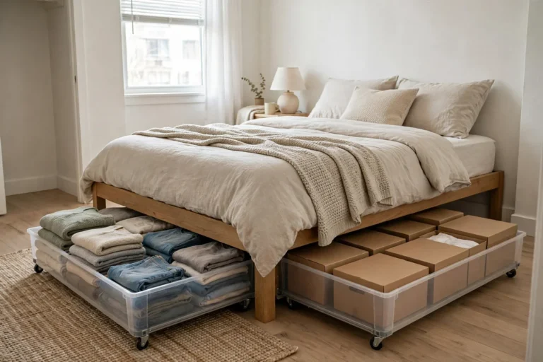 Under-bed storage setup with labeled bins and rolling drawers beside a neatly made bed