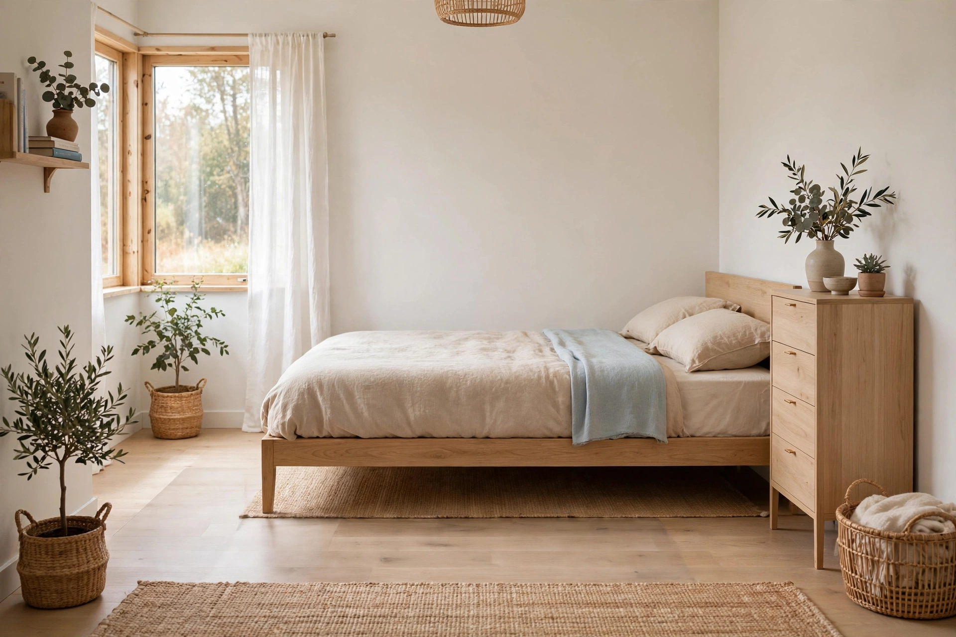 Small bedroom with bed pulled away from the wall, slim dresser along the wall, and a clear walking path