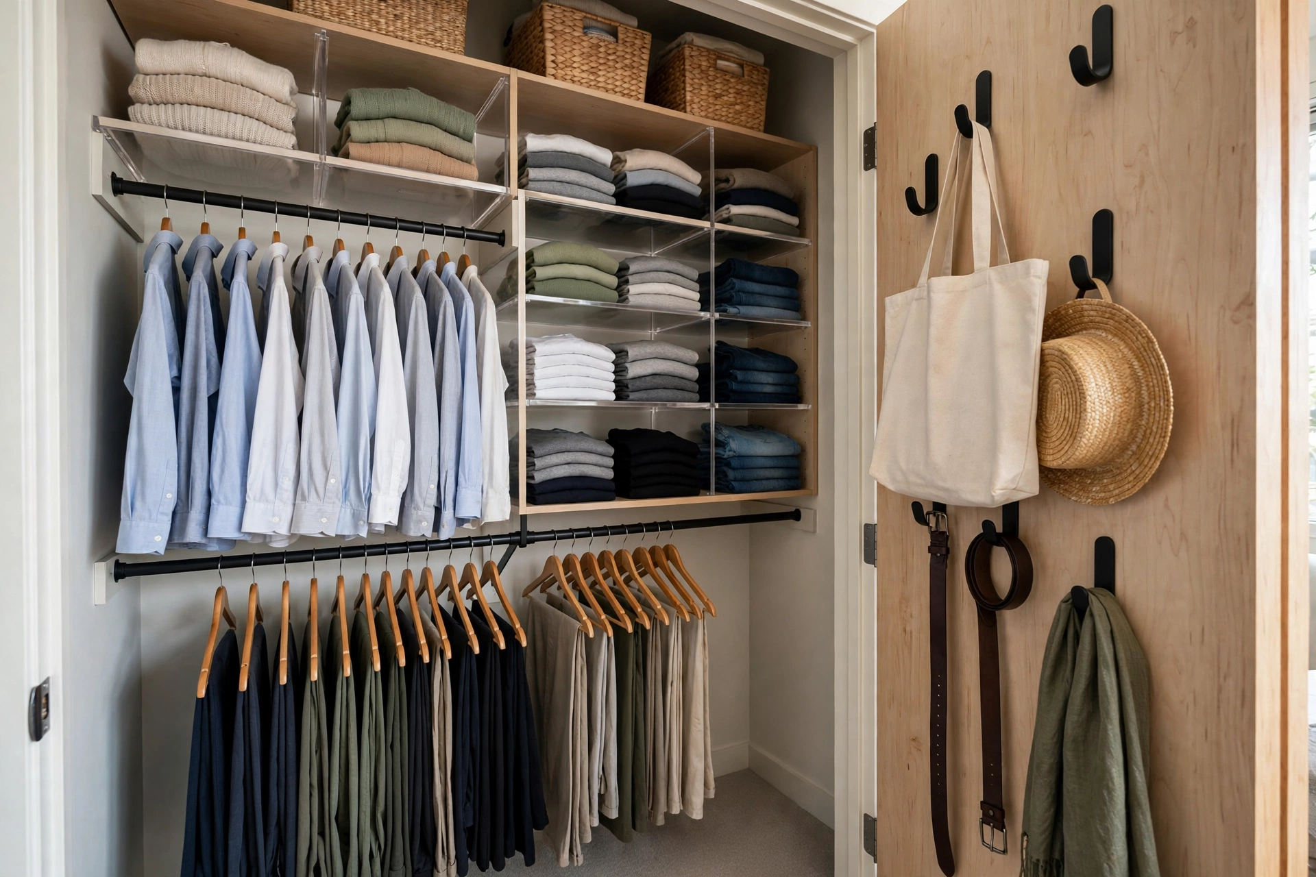 Small reach-in closet with double hanging rods, shelf dividers on the top shelf, and hooks on the door back