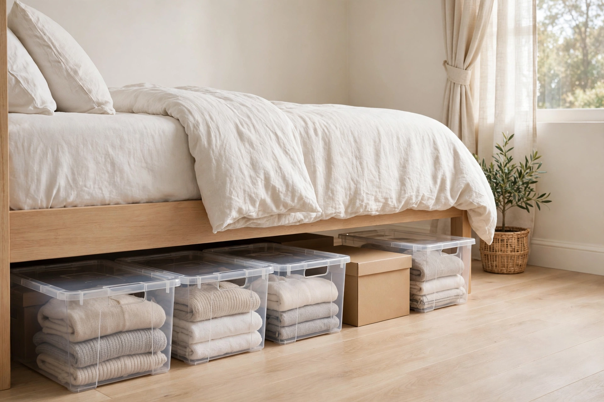 Bed with labeled rolling storage bins tucked neatly underneath