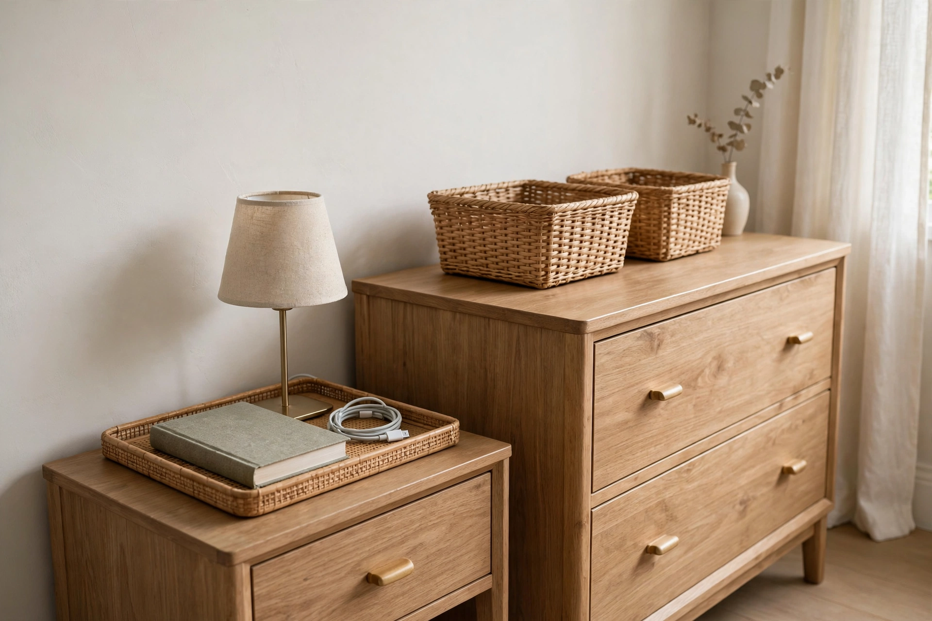 Organized nightstand top with a small tray holding a lamp, book, and glasses, beside a dresser top with baskets
