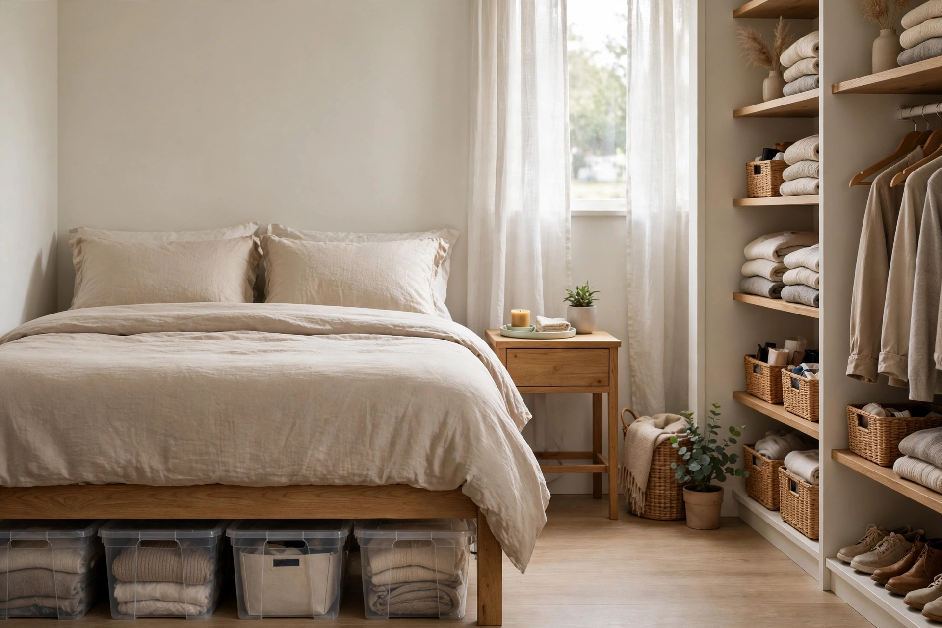 Small organized bedroom with under-bed storage bins, tidy nightstand, and neat closet shelving