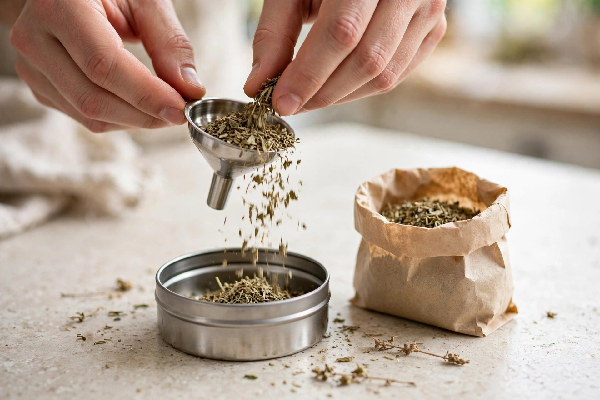 A small round magnetic spice tin being filled through a tiny funnel with an open spice bag beside it
