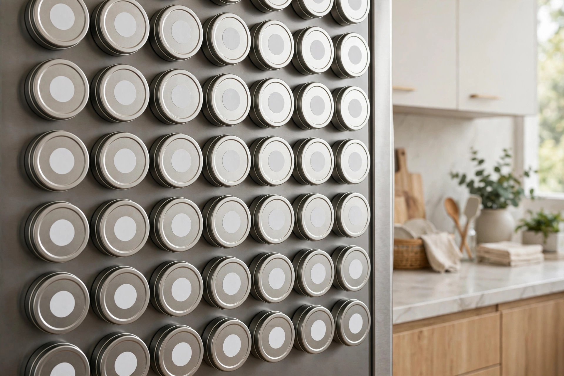 Rows of round magnetic spice tins with simple printed labels attached to the side of a refrigerator