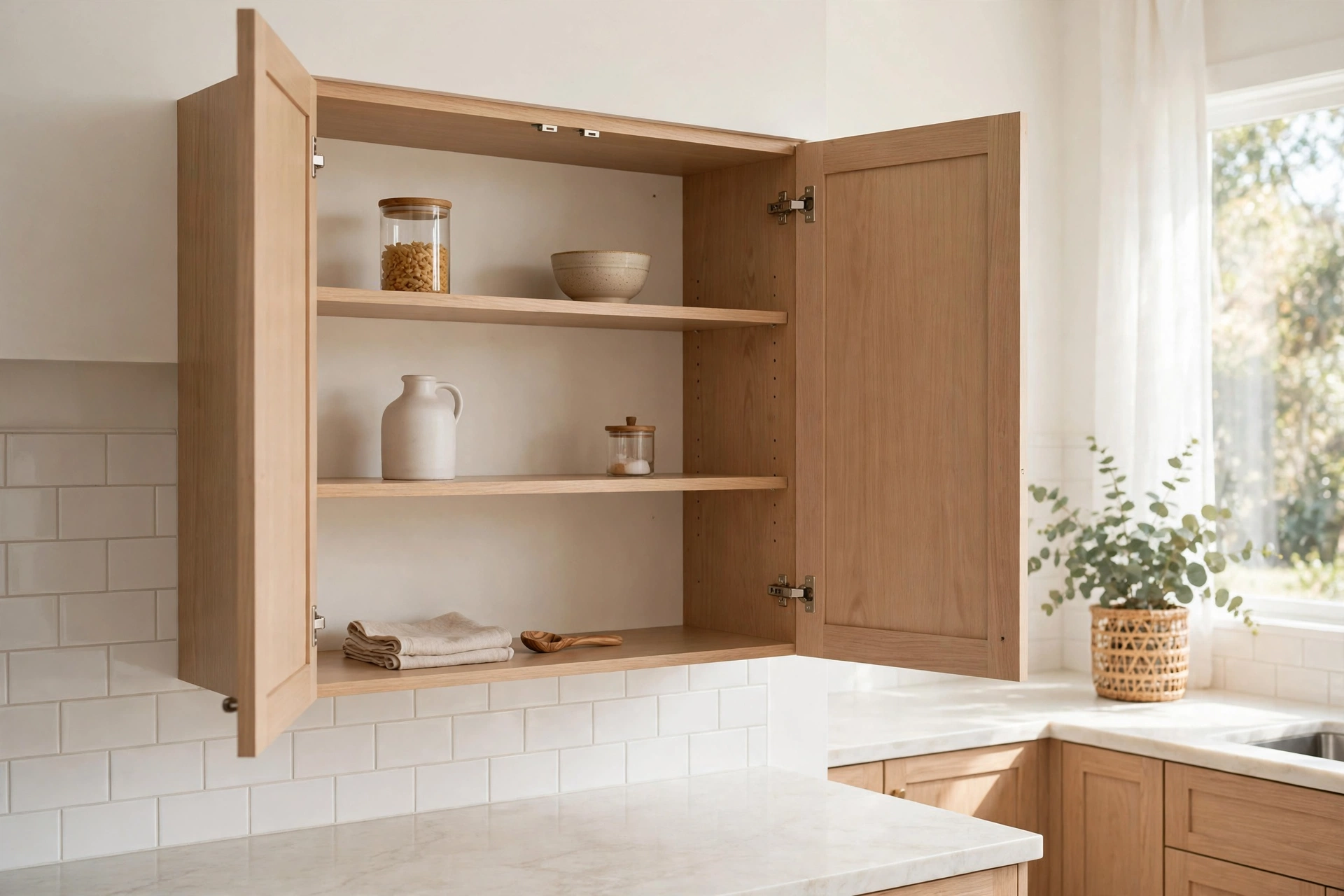 A clean, empty kitchen cabinet shelf with room to spare after spices were moved to the fridge side
