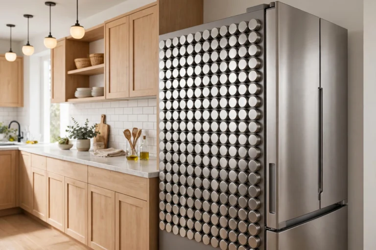 Refrigerator side panel covered with neat rows of round magnetic spice tins