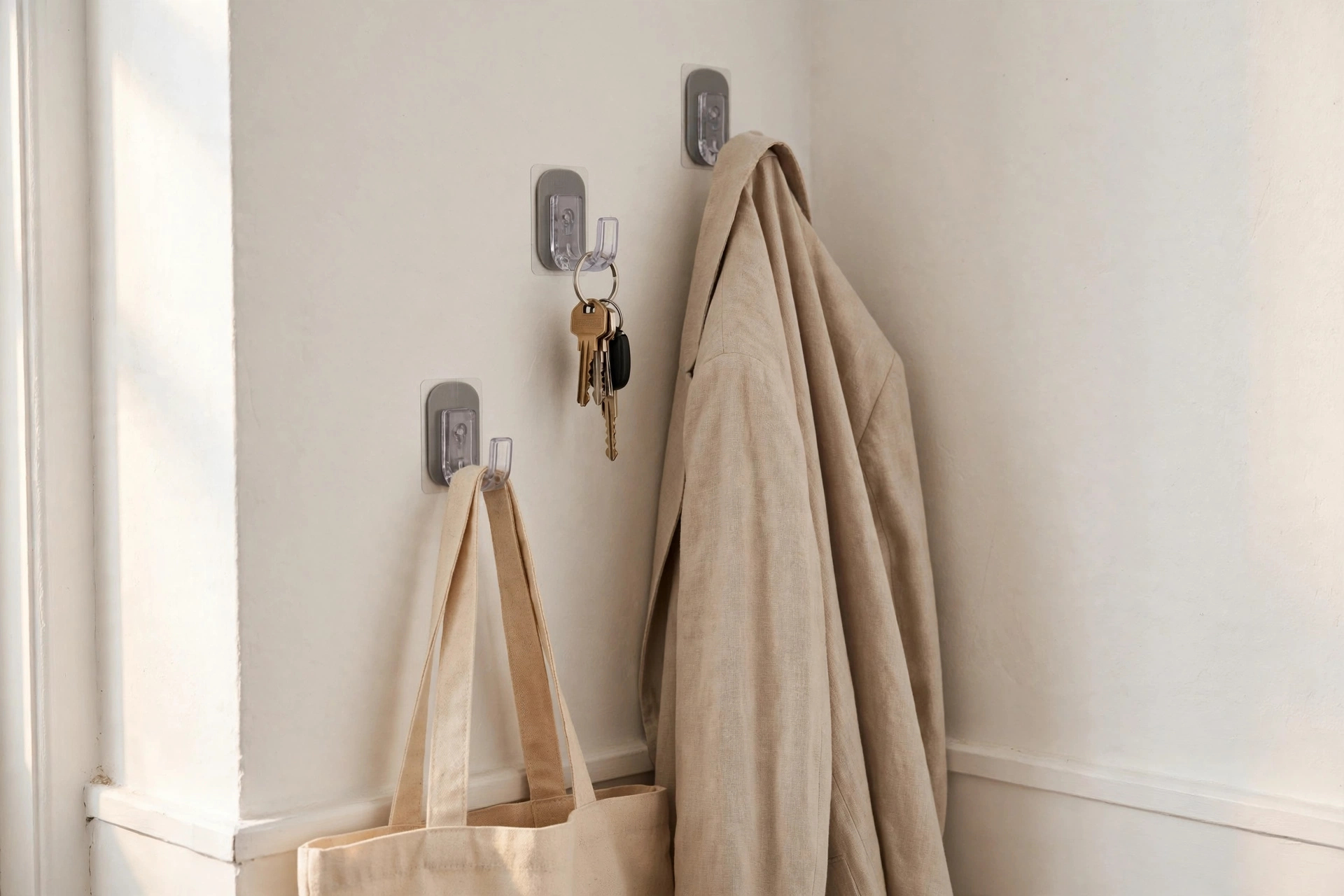 Adhesive wall hooks on a smooth rental wall holding keys, a tote bag, and a hat by the entryway