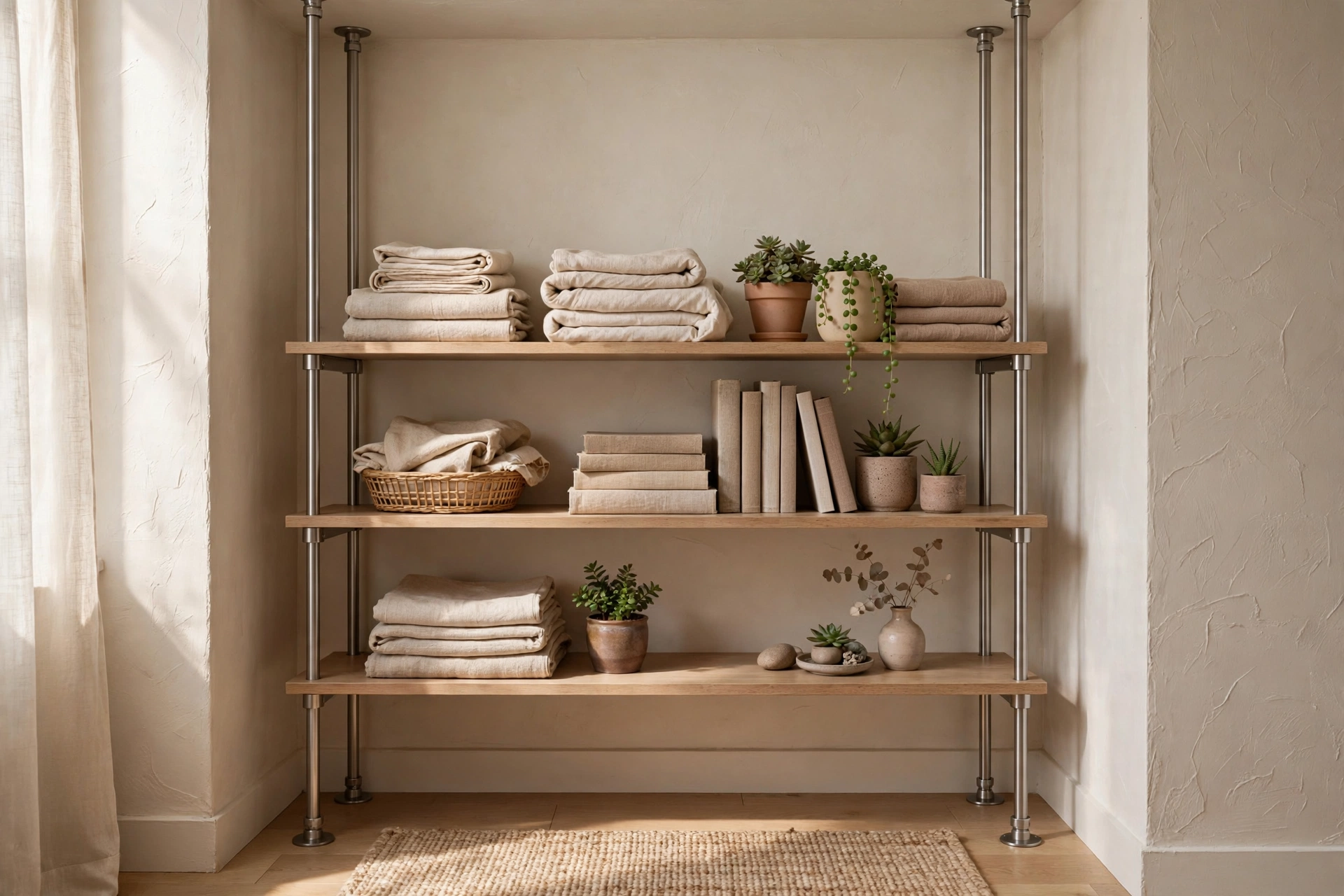 Tension-mounted shelves styled between two walls holding folded towels and small baskets in a rental bathroom alcove