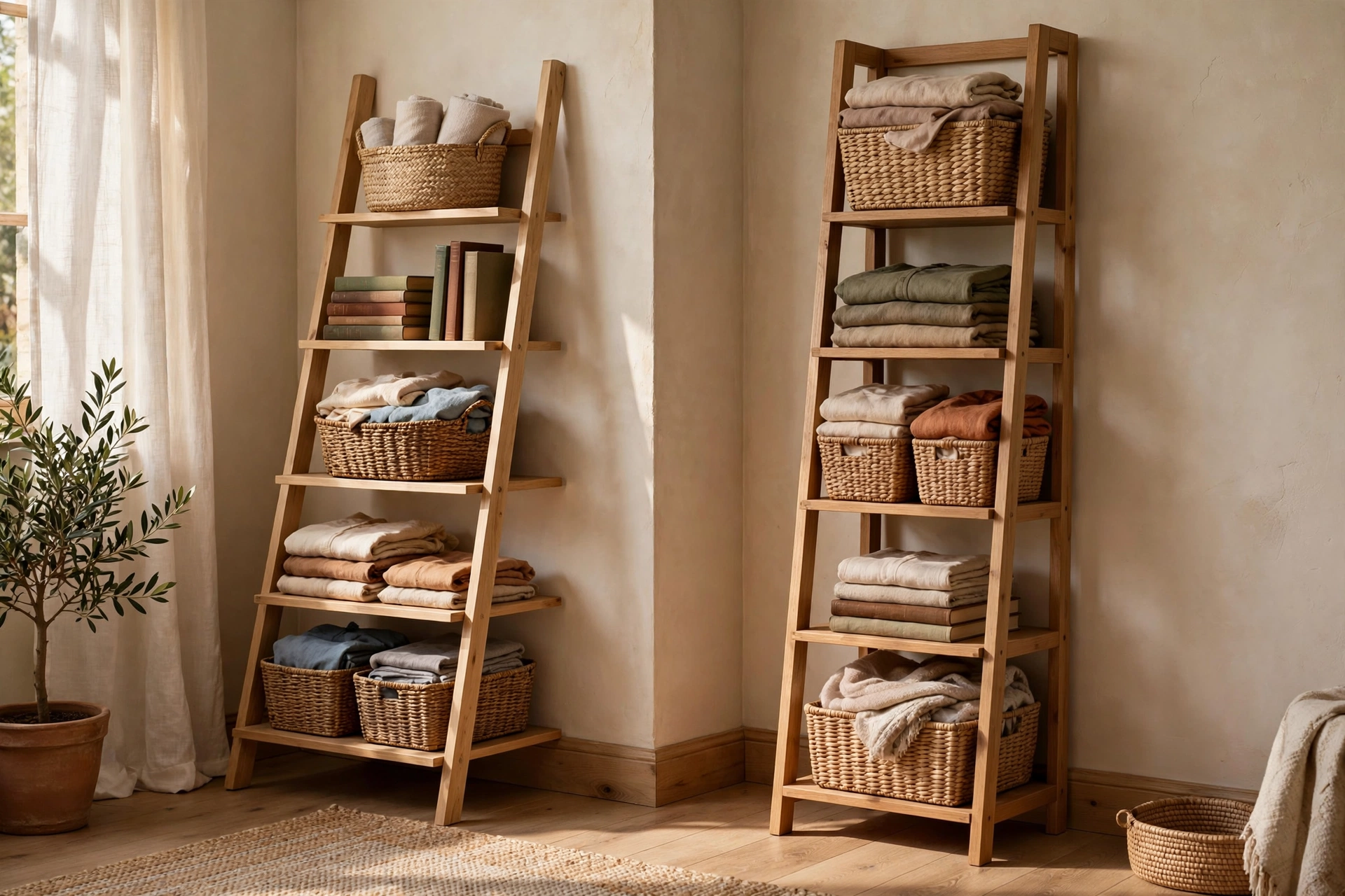 Leaning ladder shelf in a small apartment corner holding folded clothes, baskets, and a small plant