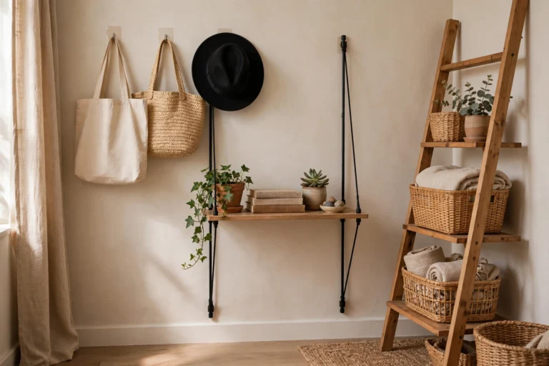 Rental apartment wall with adhesive hooks holding bags and a hat, hanging tension shelf with plants and books, and a leaning ladder shelf with baskets