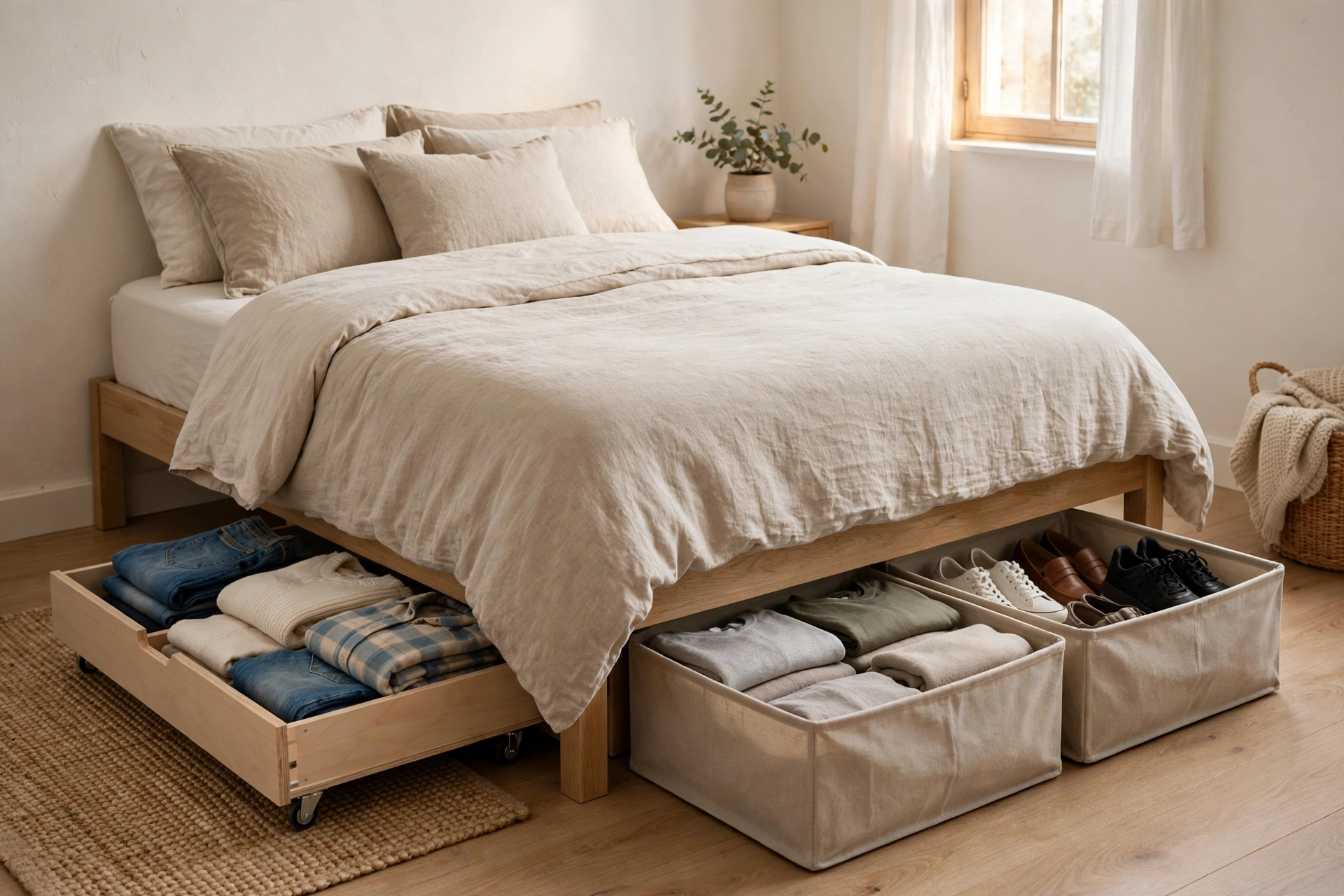 Under-bed rolling drawers and storage bins tucked neatly beneath a bed in a small bedroom