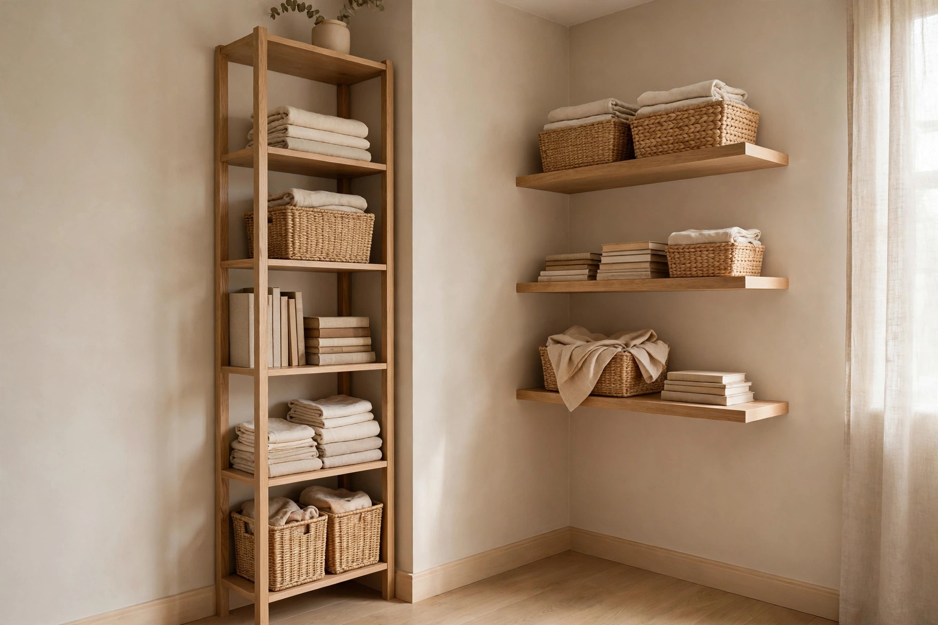 Tall narrow shelving and floating wall shelves with baskets in a tiny bedroom