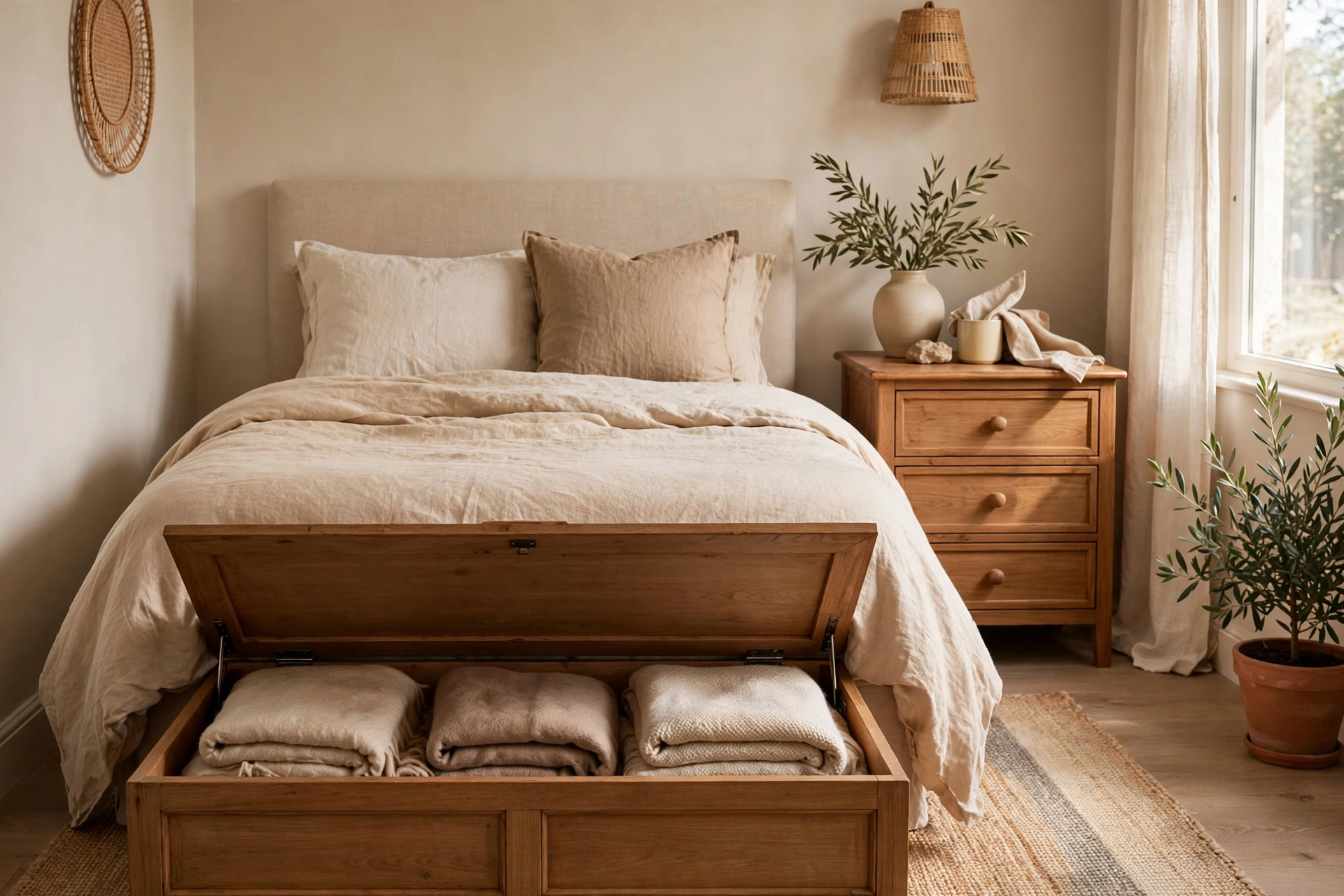 Storage bench at the foot of a bed and a nightstand with drawers in a small bedroom