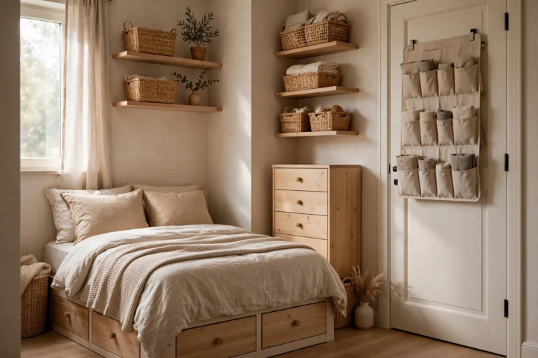 Small organized bedroom with under-bed drawers, tall narrow dresser, floating wall shelves with baskets, and over-door organizer