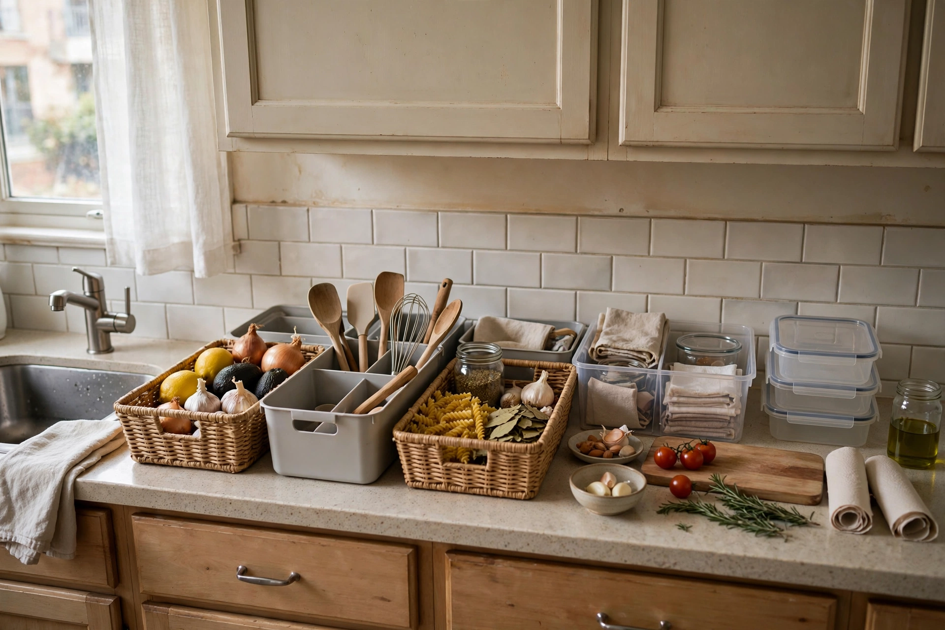 Kitchen counter reset in progress with everyday items sorted into open bins and groups on the counter