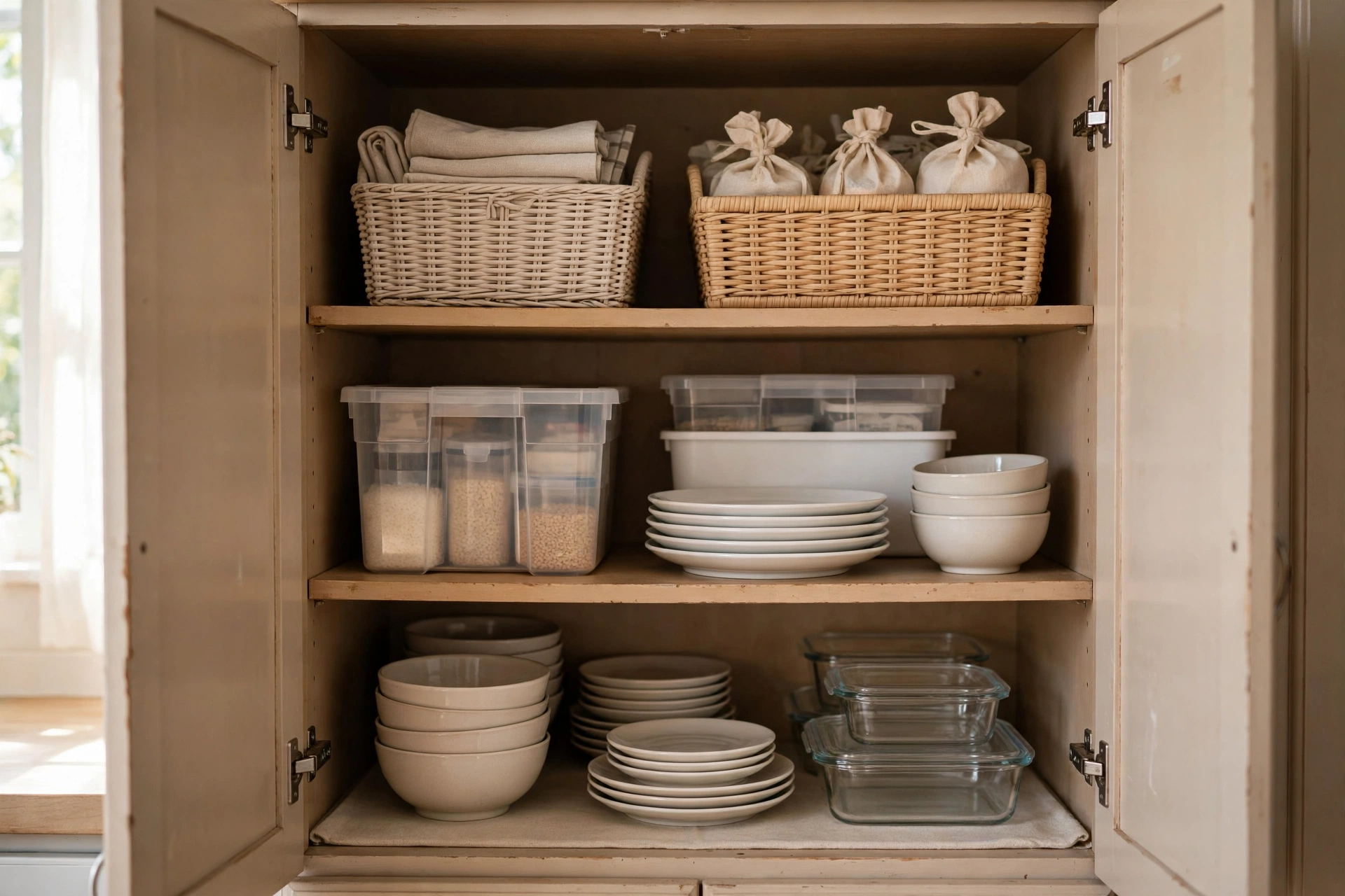 Organized inside of an open kitchen cabinet with bins and stacked dishes where relocated counter items now live