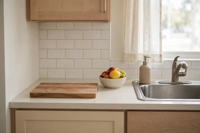Clear minimal kitchen counter with only a cutting board, fruit bowl and soap dispenser