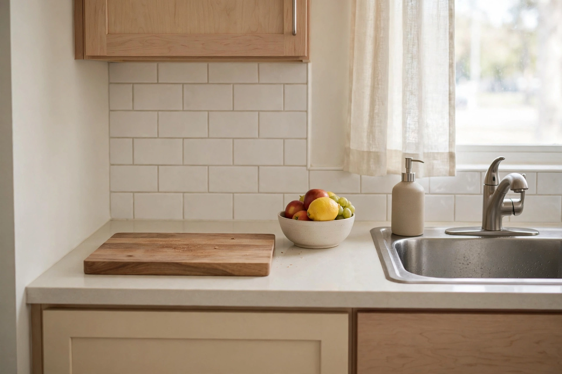 Clear minimal kitchen counter with only a cutting board, fruit bowl and soap dispenser